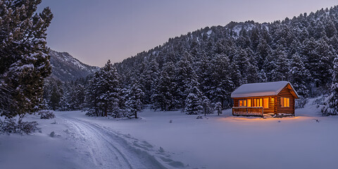 Naklejka premium Warm cabin in the snow in the winter forest, romantic, beautiful, commercial, advertising, background, outdoor, wallpaper, background, nature, warmth, Christmas, travel