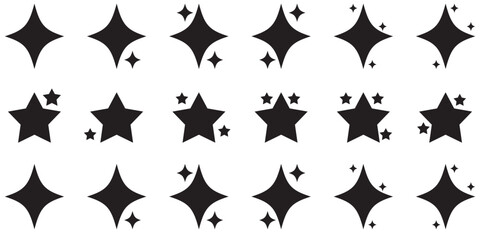 Stars and sparkles doodle set. Twinkle, blink, firework, glitter silhouette and glowing symbols in sketch style. Hand drawn vector illustration isolated on white background