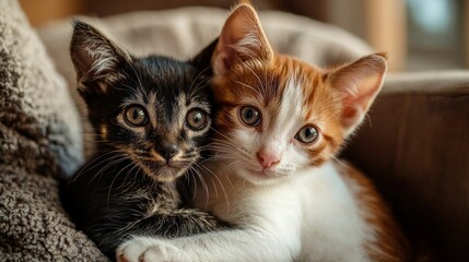 A caring veterinarian examines a playful puppy and a curious kitten in a warm, inviting clinic. The afternoon sunlight bathes the space, creating a nurturing atmosphere