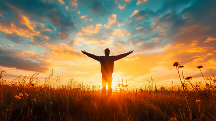 Fototapeta premium A concept representing Human Rights Day, illustrated by a silhouette of a person in worship against an autumn sunset background.