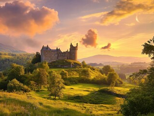 Fototapeta premium scenic view of a castle on a hill during sunset