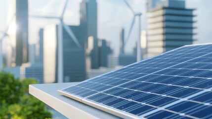 Obraz premium Solar Panel on City Rooftop with Wind Turbines