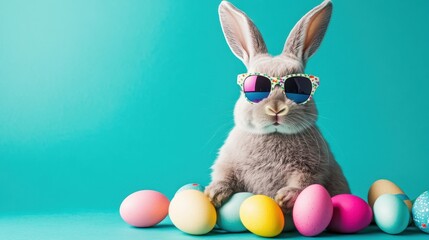 Cute Rabbit with Sunglasses Surrounded by Colorful Easter Eggs