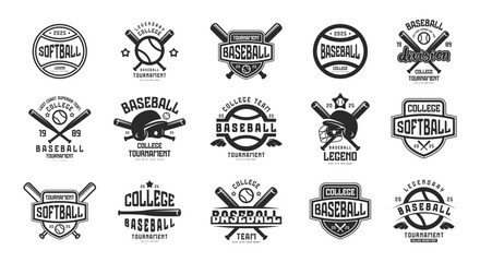 Labels set of baseball and softball game. Graphic design for t-shirt. Black print on white background