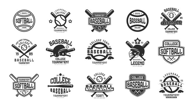 Labels set of baseball and softball game. Graphic design for t-shirt. Black print on white background
