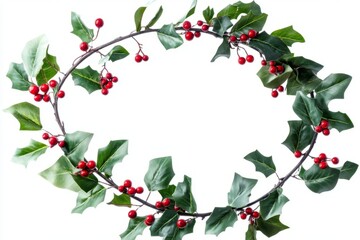 Fototapeta premium A beautifully crafted wreath made of vibrant green leaves and bright red berries. Perfect for festive occasions. Bring joy and warmth to your celebrations. Generative AI