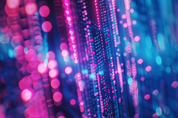 Colorful data streams in blue and pink create an abstract view of technology, symbolizing connectivity and information flow in a digital landscape.