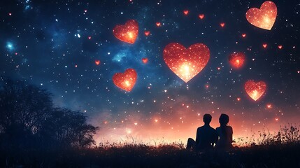 Obraz premium Couple silhouetted against a night sky filled with glowing heart-shaped lanterns.
