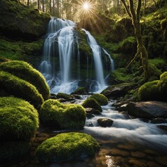 A sunlit waterfall surrounded by moss-covered rocks.