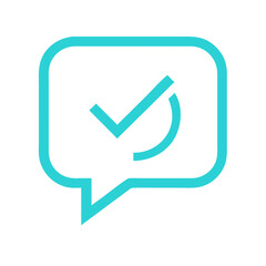 Stylized speech bubble icon with check mark in bright turquoise color