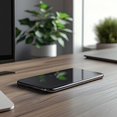 Smartphone Wooden Desk in Modern Office Setting Minimalist Design Focused Perspective Technology Concept