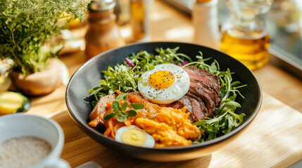 Delicious and Healthy: A vibrant and delicious meal featuring a hearty steak, a perfectly poached egg, and a colorful assortment of fresh vegetables.  A visually appealing, balanced.