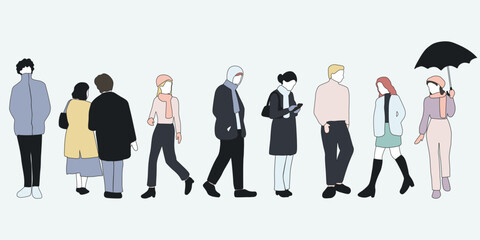 flat minimal people male and female vector illustration in winter clothing with outline concept isolated set collection. For architecture rendering, graphic design, info graphic, media
