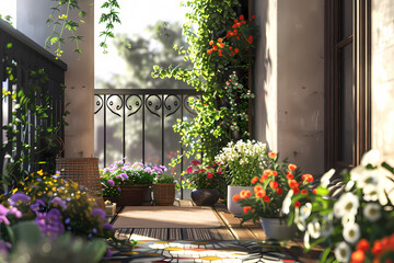 Obraz premium A vibrant balcony adorned with colorful flowers, creating a serene and inviting atmosphere bathed in warm sunlight.