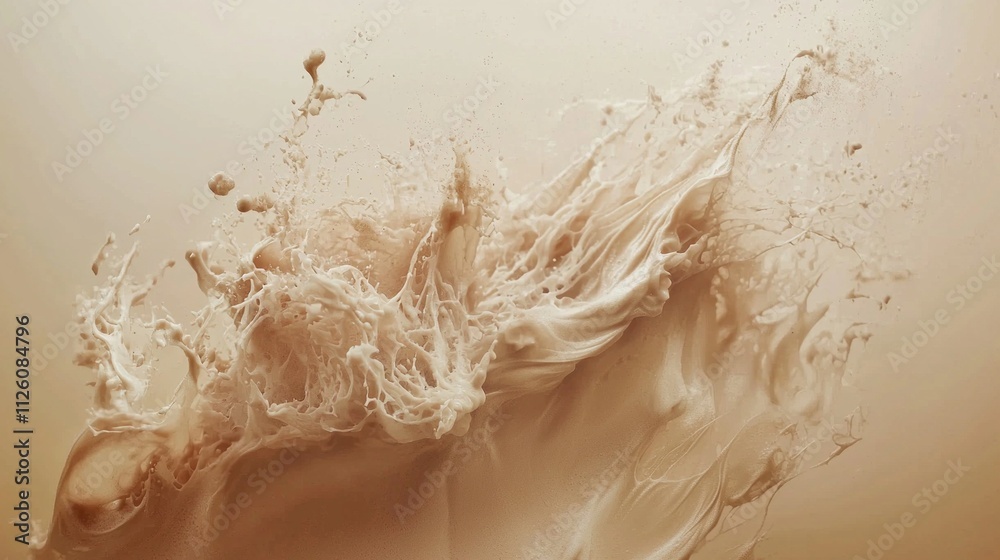 Poster a vibrant mocha mousse bursts dynamically in creamy beige tones, showcasing an explosion of texture 