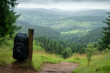 Outdoor adventure scene with backpack and trail marker, serene valley backdrop