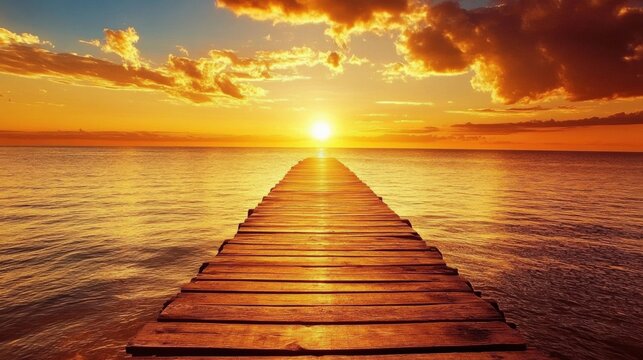 Fototapeta serene sunset over calm waters with a wooden pier