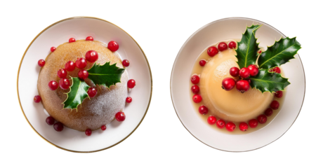 Delicious festive desserts topped with holly and berries on white plate.