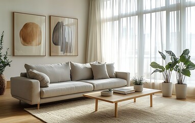 Fototapeta premium Minimalist living room with sofa, plants, and abstract art.