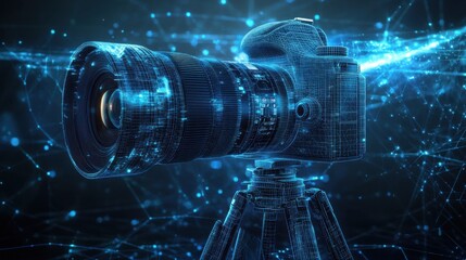 Wireframe rendering of DSLR camera with glowing blue network lines