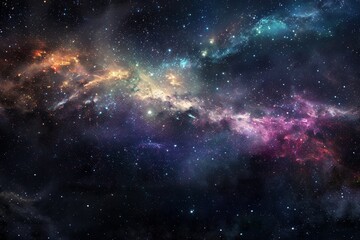 This captivating view features a colorful cosmic nebula filled with swirling gases and bright stars, illustrating the vast beauty of deep space in the night sky.