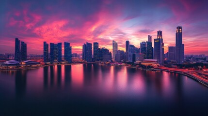 stunning skyline at sunset reflecting on water