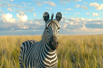 Obraz premium A close-up of a zebra standing in tall grass under a blue sky with fluffy clouds, showcasing its striking black and white stripes.