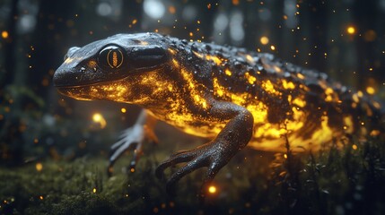 Fototapeta premium Glowing amphibian in dark forest.