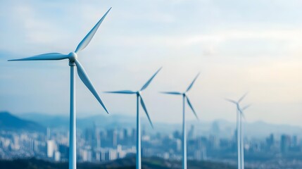 Fototapeta premium Wind Turbines Over City Skyline - Clean Energy