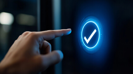 A close-up of a finger touching a glowing blue check mark symbol on a digital screen.