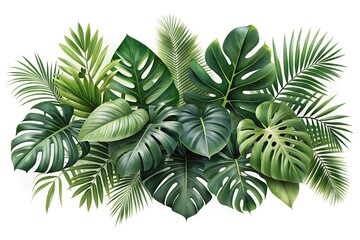 Horizontal artwork composition of trendy tropical green leaves - monstera, palm and ficus elastica isolated on white background (computer rendered).