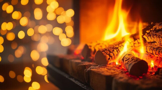 Warmth and glow of a fireplace on a cozy night. The orange flames dance against the blurry background.