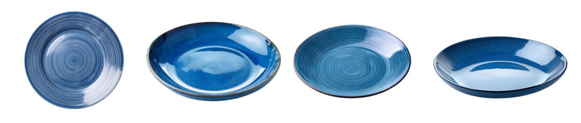 Elegant blue ceramic plates arranged on a white isolated background.