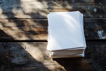 blank sheets of paper on a rustic wooden table