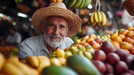 A busy market is alive with colors as a friendly vendor stands behind a display of fresh fruits.