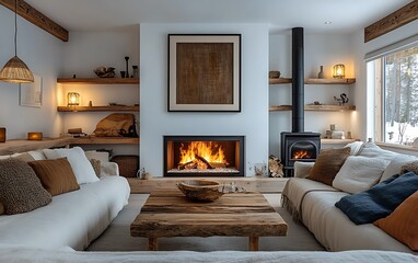 Fototapeta premium Cozy living room with fireplace, sofas, and rustic decor.