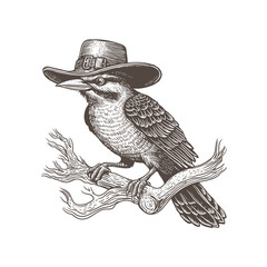vintage engraving of bird with cowboy hat illustration
