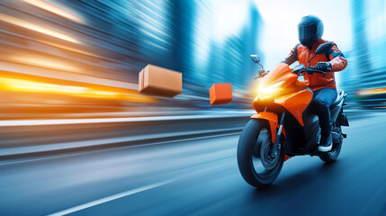 Obraz premium A dynamic motorcycle ride through a cityscape, showcasing speed and modernity.