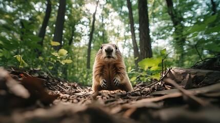 Curious prairie dog peering from its burrow in a lush green forest, low angle view.