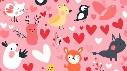 Cute animal and heart seamless pattern.