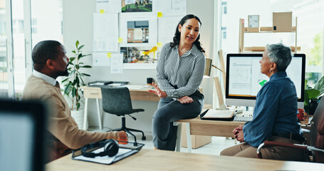 Architect, team and meeting with discussion in office for planning, brainstorming or review for design. People, woman and man with blueprint, feedback and solution at real estate development agency