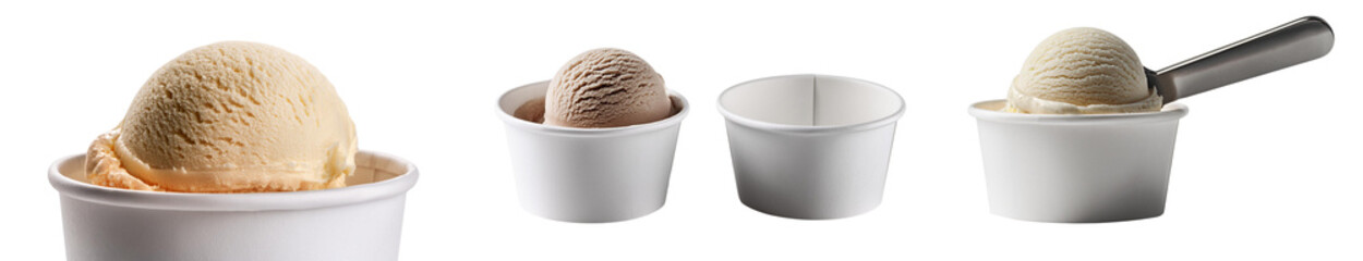 Various ice cream scoops in paper cups, white isolate background.