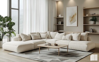 Modern living room interior with beige sectional sofa, coffee table, shelves, and large window.