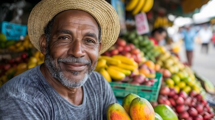 A friendly Indian vendor displays a variety of colorful tropical fruits at a bustling market. The vibrant atmosphere buzzes with shoppers enjoying the lively ambiance as they explore local produce.