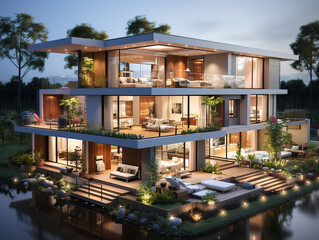 Obraz premium Stylish Architecture; beautiful house with pool, blue sky and lush garden