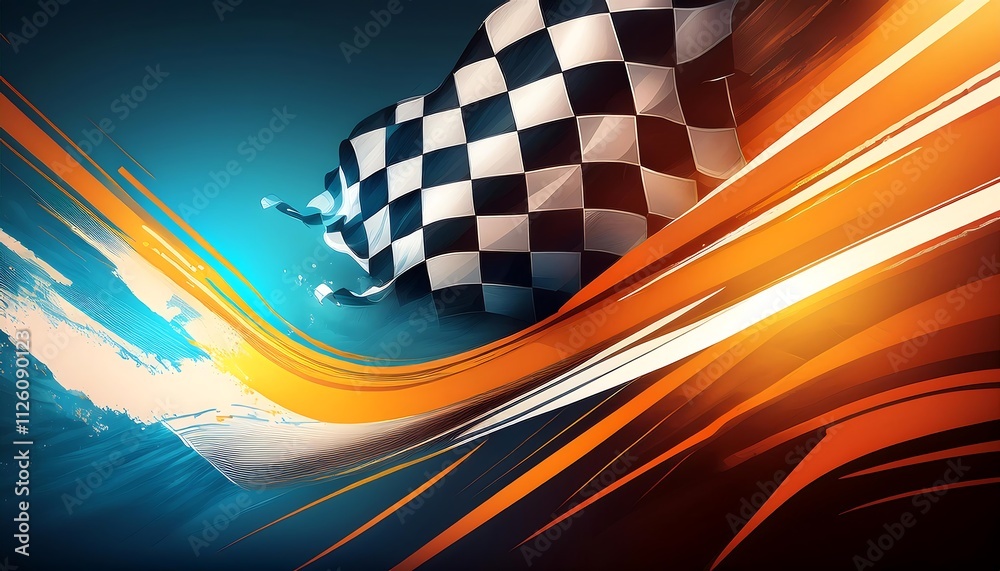 Poster Dynamic graphic featuring a checkered flag and waves.