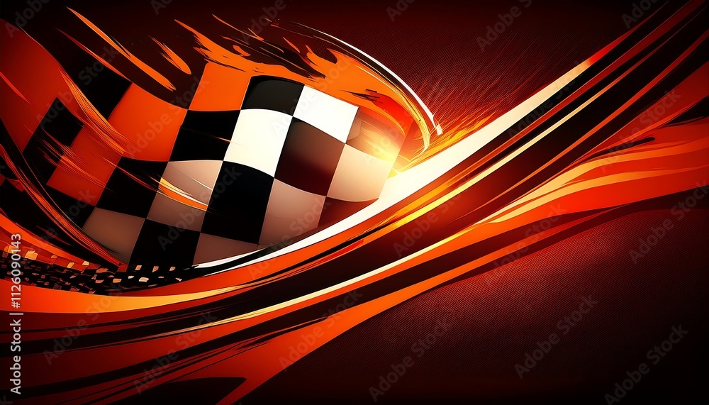 Poster dynamic racing graphic with checkered flag design.