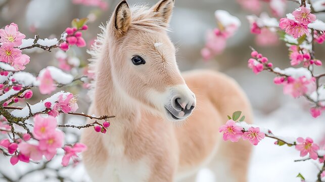 Adorable Palomino Foal in Snowy Pink Blossoms