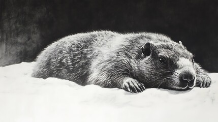 Obraz premium Detailed monochrome drawing of a woodchuck resting on snow.