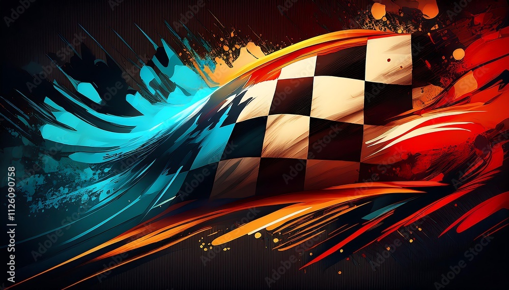 Poster dynamic racing flag design with vibrant colors.